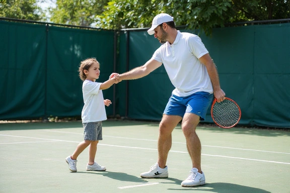 Coach teaching a young player proper tennis swing technique