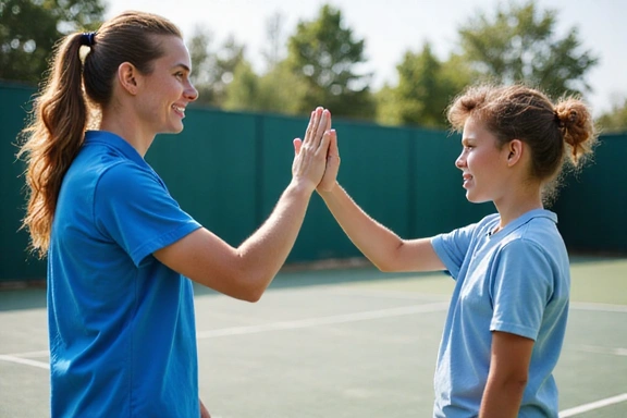 Tennis coach giving high-five to a young, smiling student