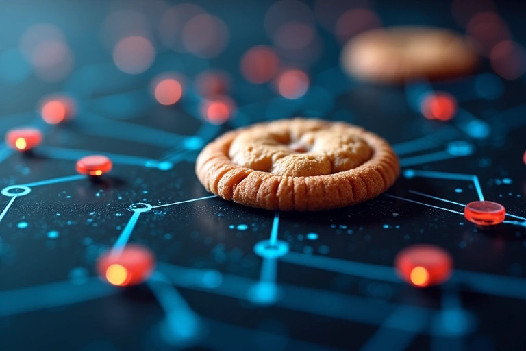 Digital cookies flowing through a network, representing data transmission