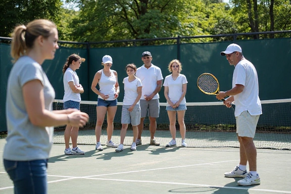 Adult tennis clinic participants receiving instruction