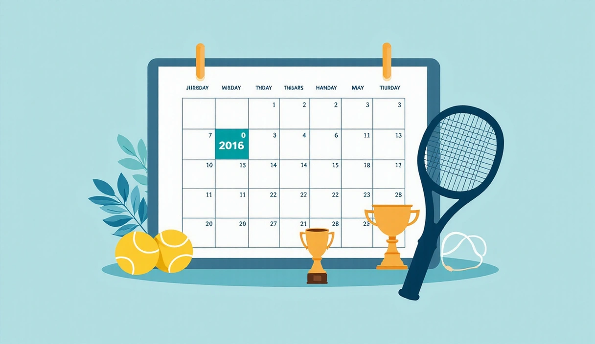 Calendar with tennis racket and balls, symbolizing events