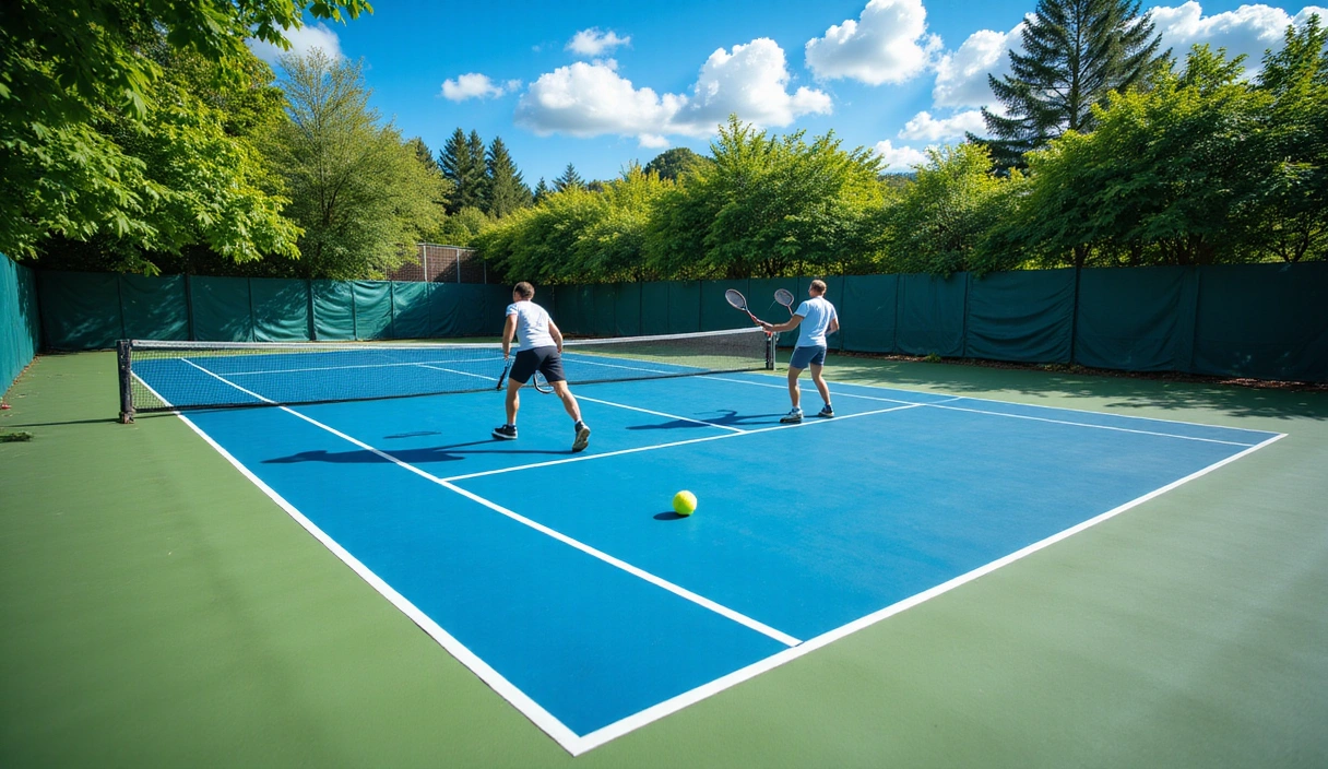 Tennis court with players in action, signifying news and events