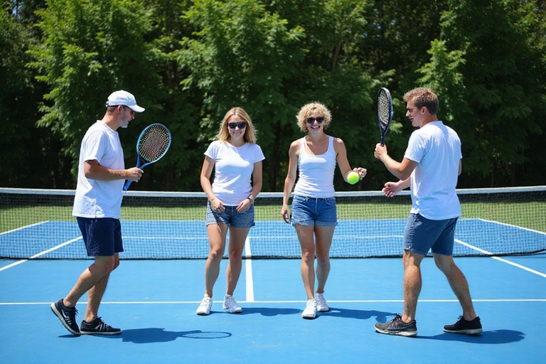 Adults playing doubles tennis on a sunny court, laughing and enjoying the game