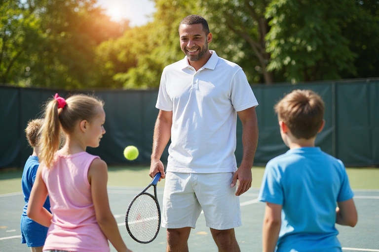 Energetic tennis coach instructing a group of young players during a summer camp, a bright sun is shining