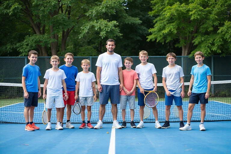 Group of junior tennis players on court with a coach, smiling and holding rackets